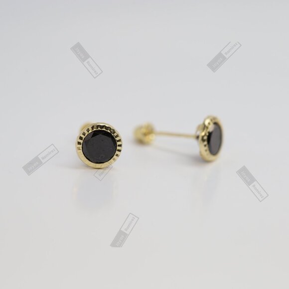 14K Solid Gold Round Black CZ Stud Earrings • 6mm Feminine & Elegant Design. - Picture 3 of 7